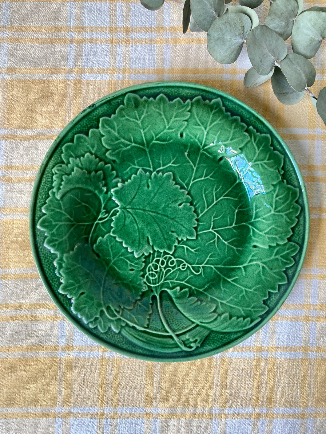 Antique green majolica strawberry leaf plate