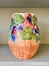 Load image into Gallery viewer, Large majolica faux basket ceramic jug with grapes and vines
