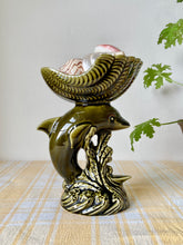 Load image into Gallery viewer, Dolphin and shell decorative pedestal dish in olive green
