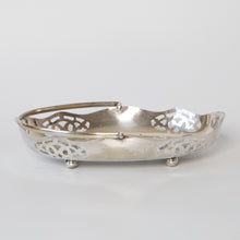 Load image into Gallery viewer, Decorative oval silver plate serving dish with hinged handle and cut-outs
